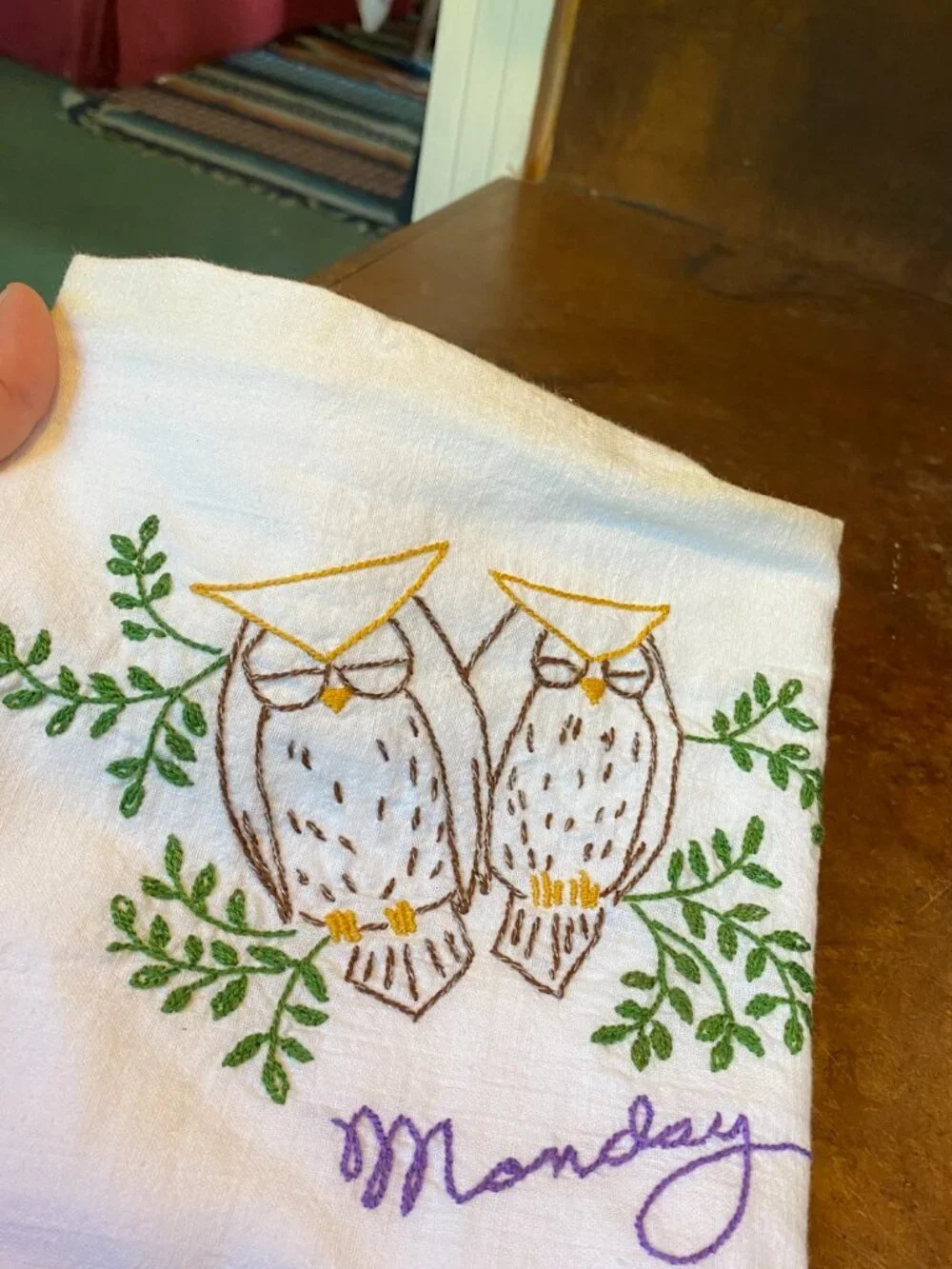 Antique Hand Embroidered Flour Sack Kitchen Towels Owls 7 Days Week Monday